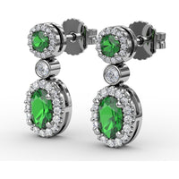 Dangle Earrings with Round and Oval Emerald and Diamond Halo Settings by Fana - 1.57 Carat Total Gemstone Weight