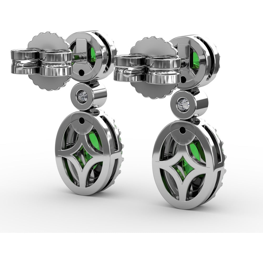 Dangle Earrings with Round and Oval Emerald and Diamond Halo Settings by Fana - 1.57 Carat Total Gemstone Weight