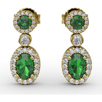 Dangle Earrings with Round and Oval Emerald and Diamond Halo Settings by Fana - 1.57 Carat Total Gemstone Weight