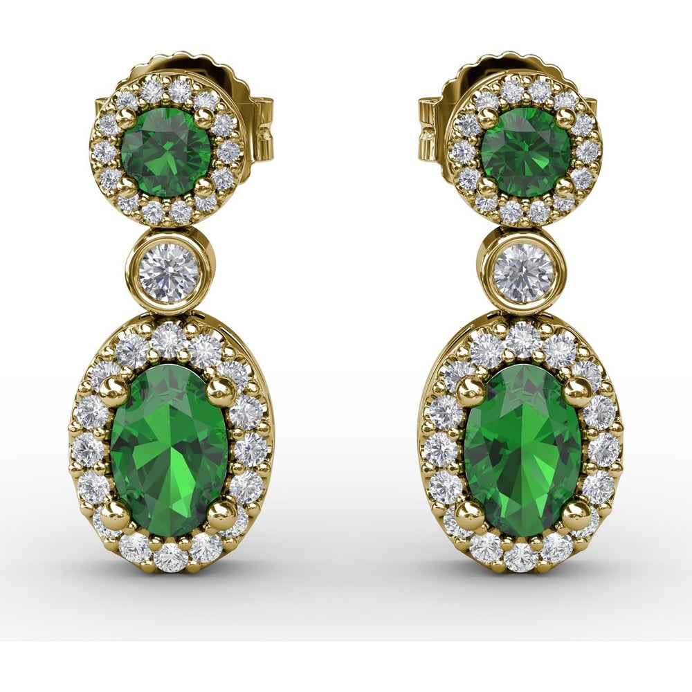 Dangle Earrings with Round and Oval Emerald and Diamond Halo Settings by Fana - 1.57 Carat Total Gemstone Weight