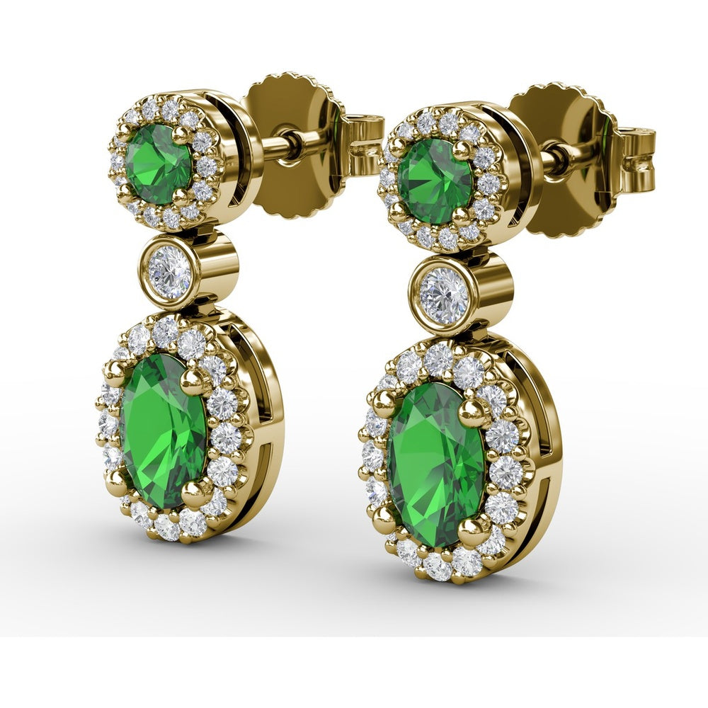 Dangle Earrings with Round and Oval Emerald and Diamond Halo Settings by Fana - 1.57 Carat Total Gemstone Weight