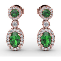 Dangle Earrings with Round and Oval Emerald and Diamond Halo Settings by Fana - 1.57 Carat Total Gemstone Weight