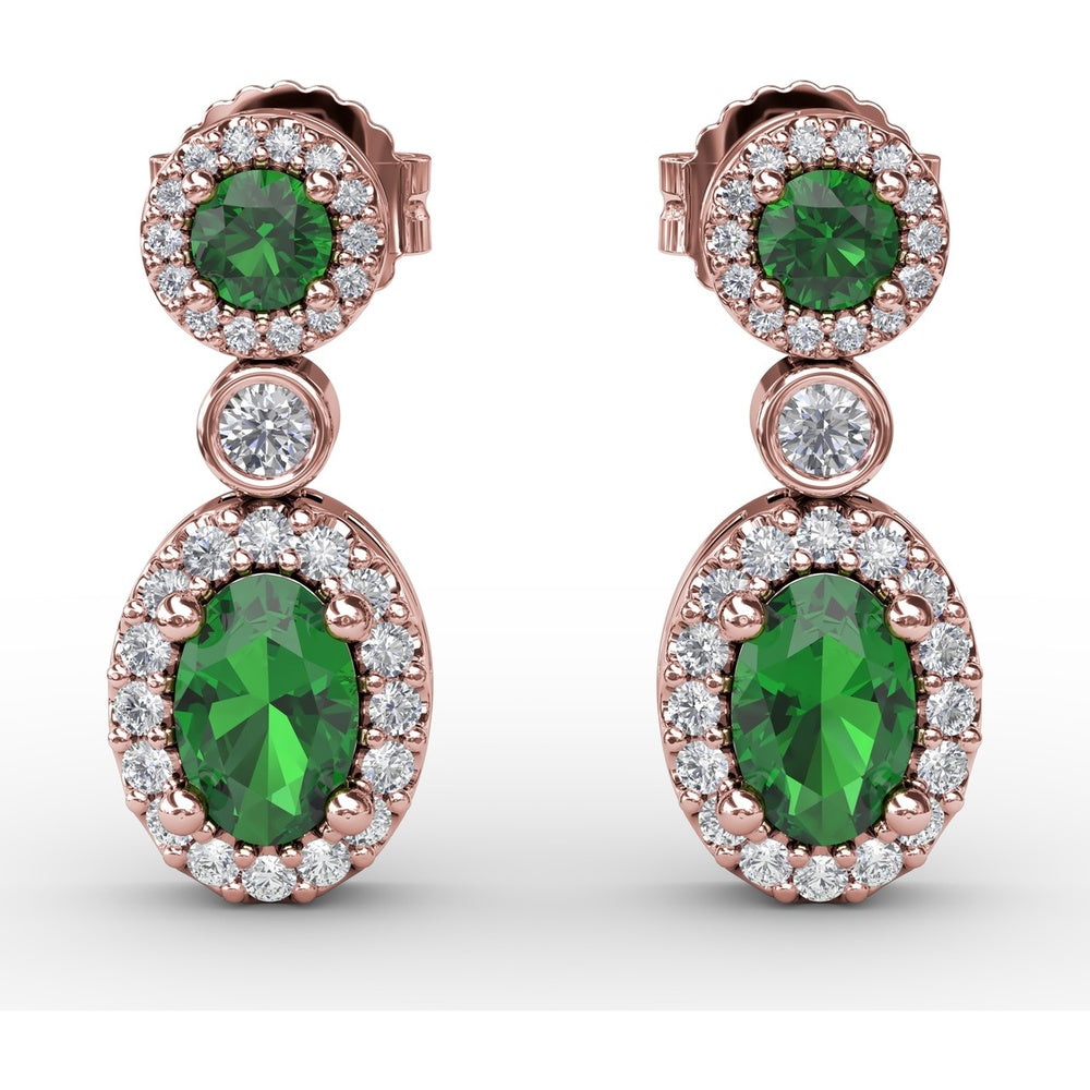 Dangle Earrings with Round and Oval Emerald and Diamond Halo Settings by Fana - 1.57 Carat Total Gemstone Weight