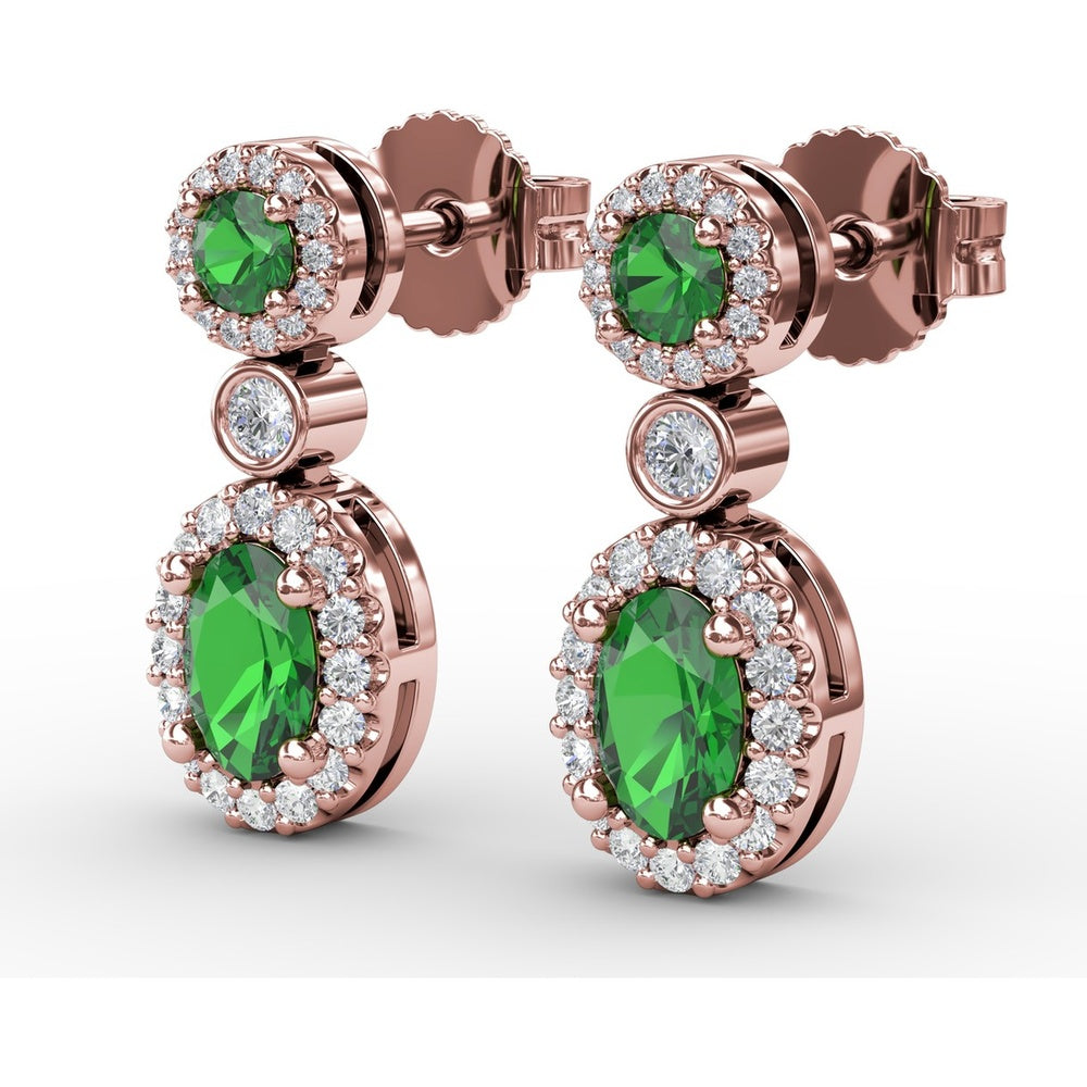 Dangle Earrings with Round and Oval Emerald and Diamond Halo Settings by Fana - 1.57 Carat Total Gemstone Weight