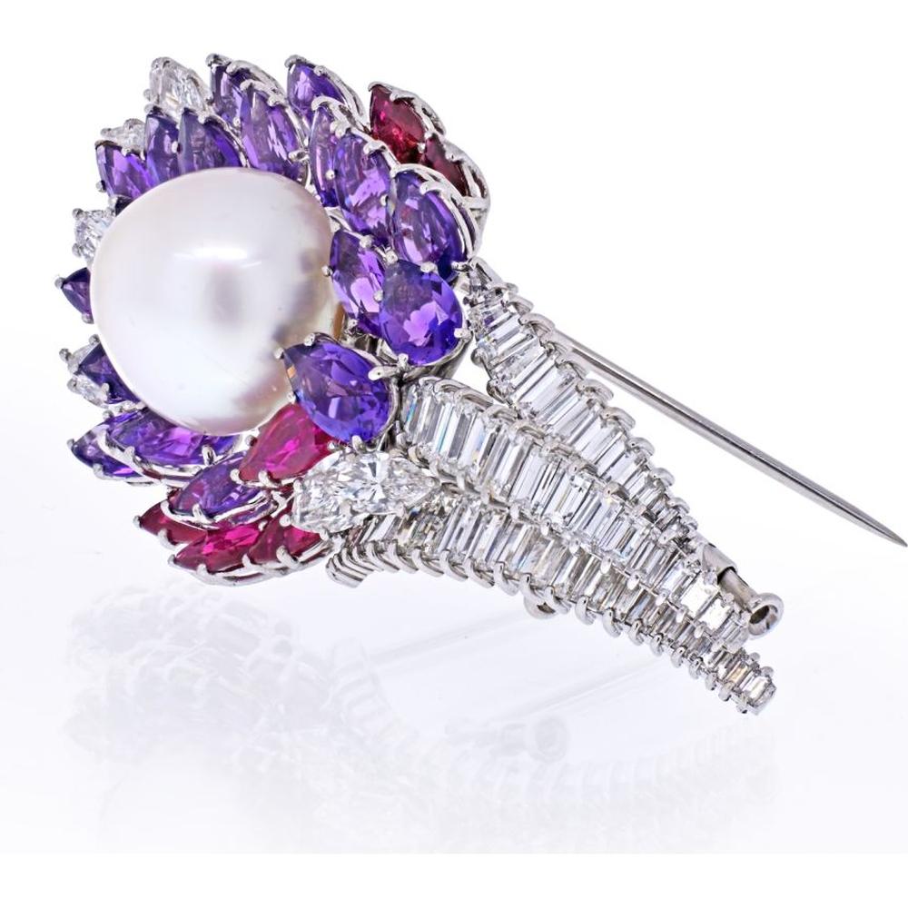 David Webb 18K White Gold Brooch with 6.30 Carat Diamonds, Amethysts, Rubies, and Cultured Pearl