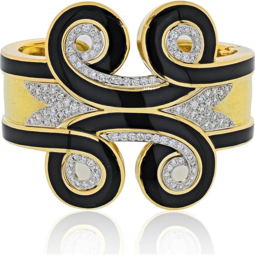 David Webb 18K Yellow Gold and Platinum Arabesque Cuff Bracelet with H/VS Diamonds - 3.00 Carats Total Diamond Weight