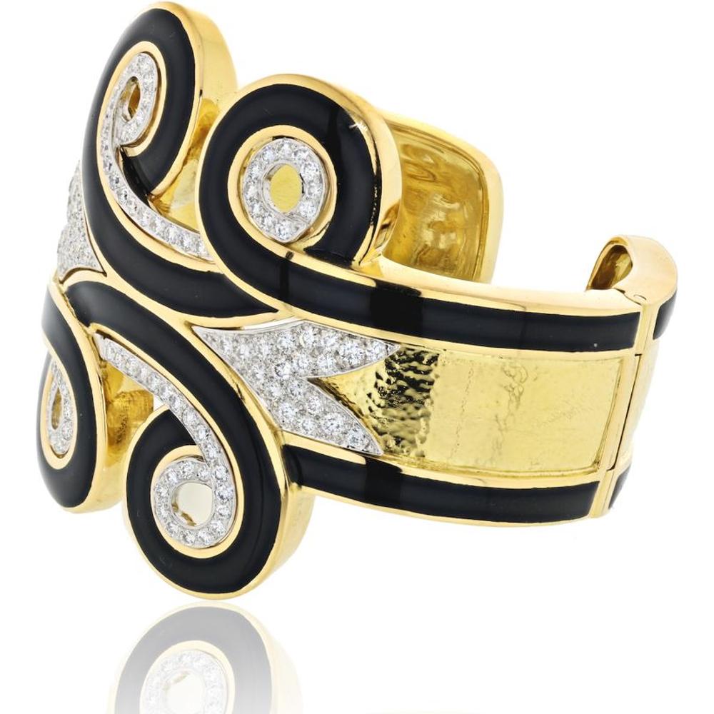 David Webb 18K Yellow Gold and Platinum Arabesque Cuff Bracelet with H/VS Diamonds - 3.00 Carats Total Diamond Weight