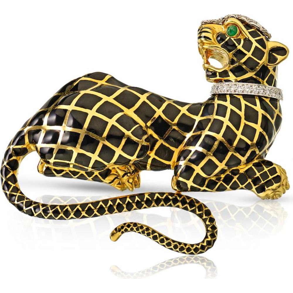 David Webb 18K Yellow Gold & Platinum Black Enamel Panther Brooch with Diamond Collar and Emerald Eyes - 7.5 cm Length