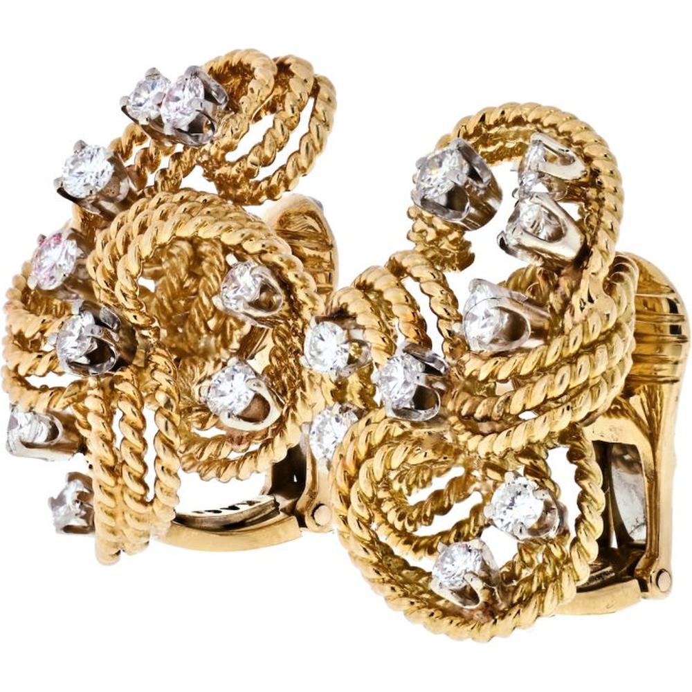 David Webb 18K Yellow Gold & Platinum Diamond Earrings - 2.00 Carats Total Diamond Weight