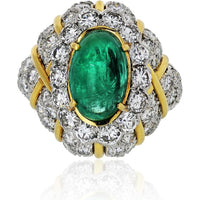 David Webb 18K Yellow Gold & Platinum Estate Cocktail Ring with 6.50 Carats Emerald Cabochon and Diamond Halo