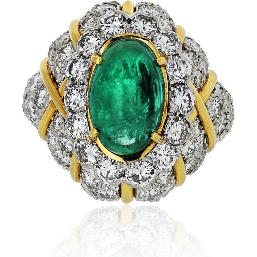 David Webb 18K Yellow Gold & Platinum Estate Cocktail Ring with 6.50 Carats Emerald Cabochon and Diamond Halo