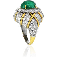 David Webb 18K Yellow Gold & Platinum Estate Cocktail Ring with 6.50 Carats Emerald Cabochon and Diamond Halo