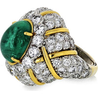 David Webb 18K Yellow Gold & Platinum Estate Cocktail Ring with 6.50 Carats Emerald Cabochon and Diamond Halo