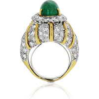 David Webb 18K Yellow Gold & Platinum Estate Cocktail Ring with 6.50 Carats Emerald Cabochon and Diamond Halo