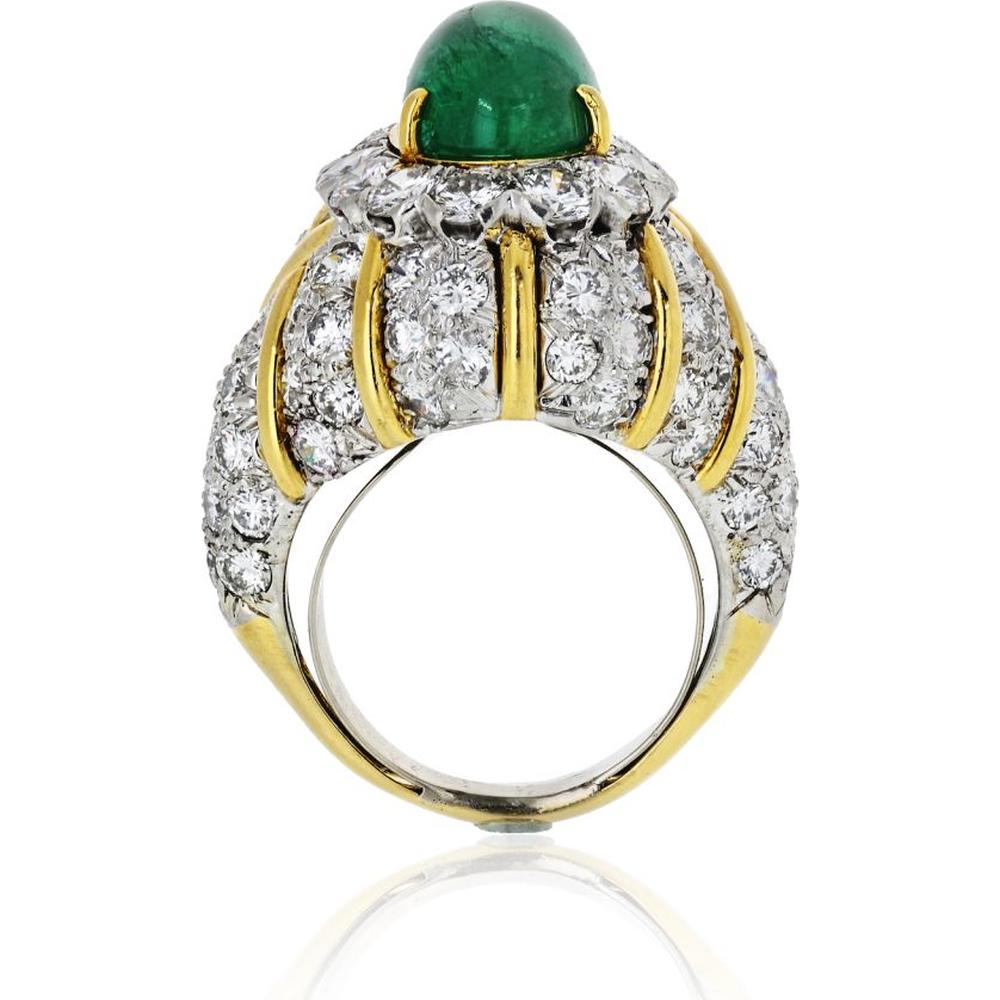 David Webb 18K Yellow Gold & Platinum Estate Cocktail Ring with 6.50 Carats Emerald Cabochon and Diamond Halo