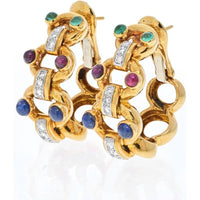 David Webb 18K Yellow Gold & Platinum Hoop Earrings with Rubies, Emeralds, Sapphires, and Diamonds - 31.7 Grams Total Weight