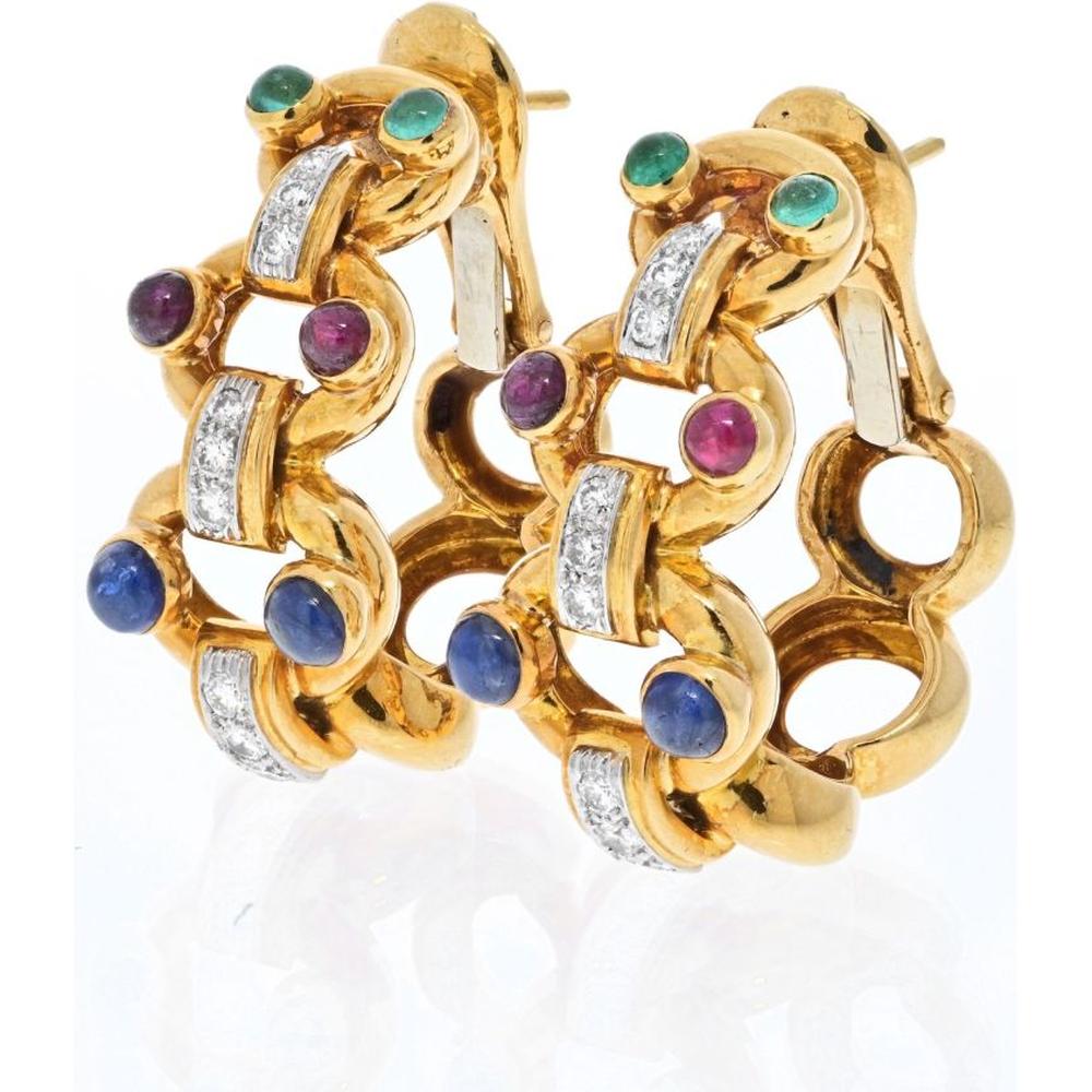David Webb 18K Yellow Gold & Platinum Hoop Earrings with Rubies, Emeralds, Sapphires, and Diamonds - 31.7 Grams Total Weight