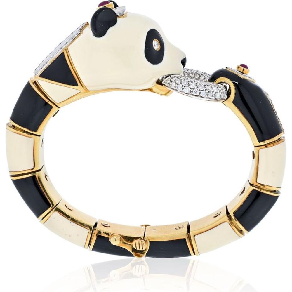David Webb 18K Yellow Gold and Platinum Panda Bracelet with Rubies and Diamonds - Circa 1970s