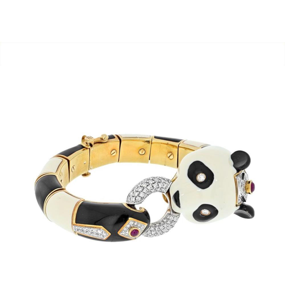 David Webb 18K Yellow Gold and Platinum Panda Bracelet with Rubies and Diamonds - Circa 1970s