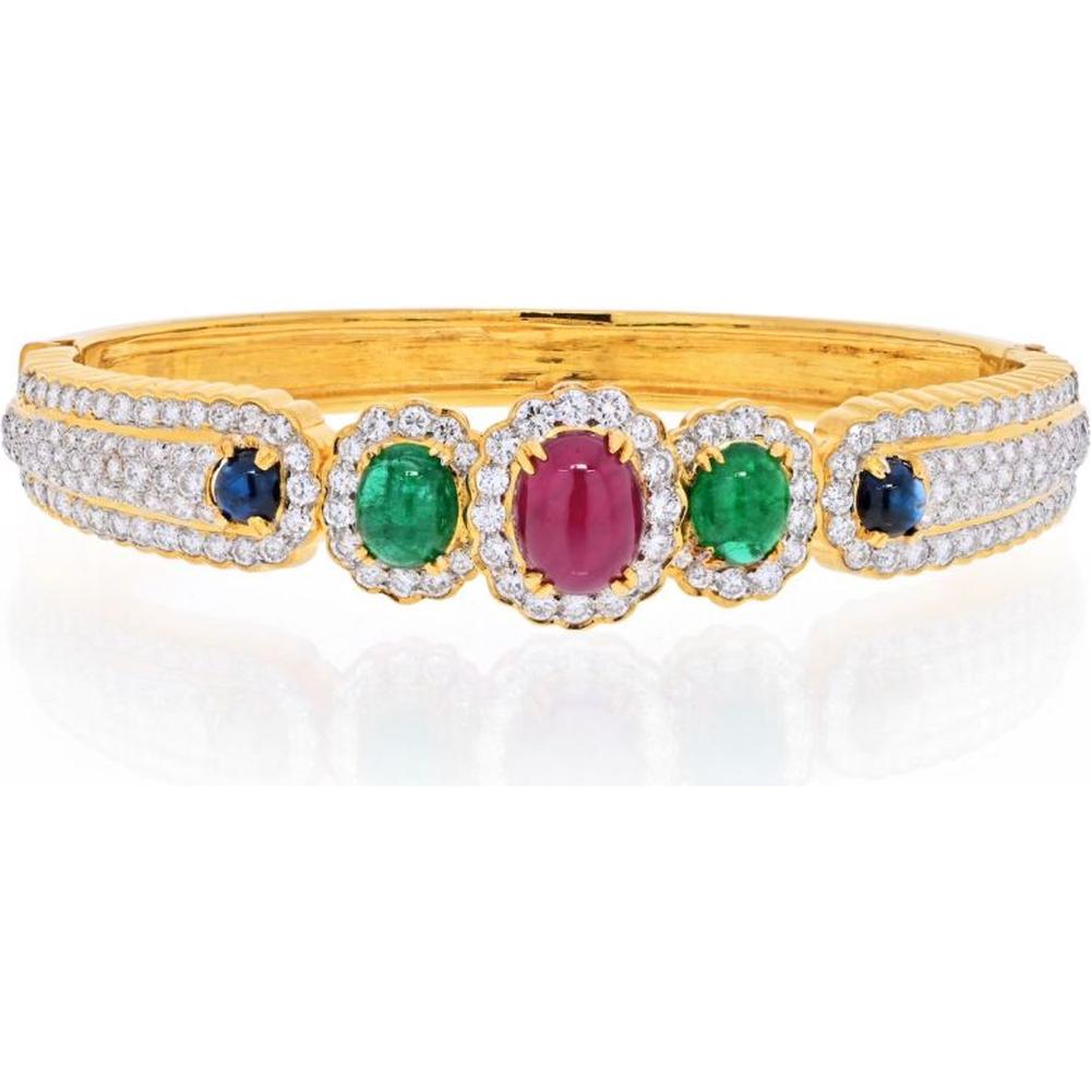 David Webb 18K Yellow Gold Bangle Bracelet with Cabochon Rubies and Enamel Accents - 6.0 Carats Total Ruby Weight