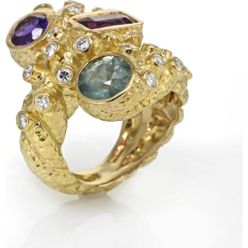 David Webb 18K Yellow Gold Multi Colored Gemstone and Diamond Statement Ring - 0.95 Carat Diamonds, Estate Jewelry