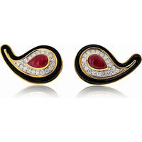 David Webb 18K Yellow Gold Paisley Clip-On Earrings with Pear Cabochon Rubies and Round Diamonds - Approx. 6.00 Carats Diamond Total Weight