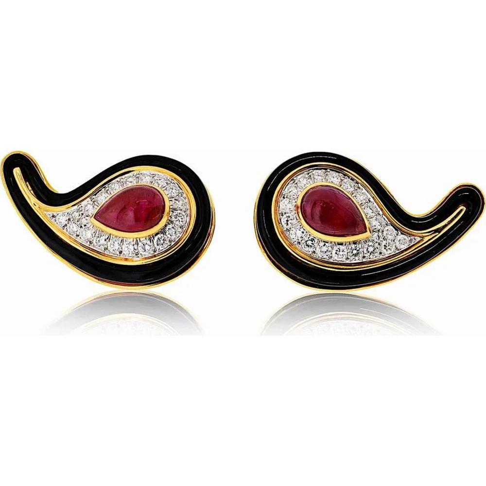 David Webb 18K Yellow Gold Paisley Clip-On Earrings with Pear Cabochon Rubies and Round Diamonds - Approx. 6.00 Carats Diamond Total Weight