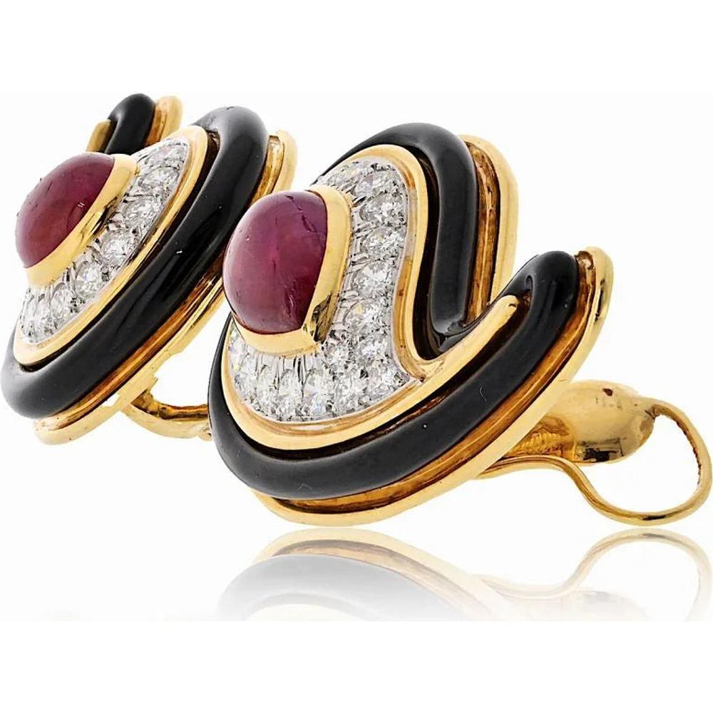 David Webb 18K Yellow Gold Paisley Clip-On Earrings with Pear Cabochon Rubies and Round Diamonds - Approx. 6.00 Carats Diamond Total Weight