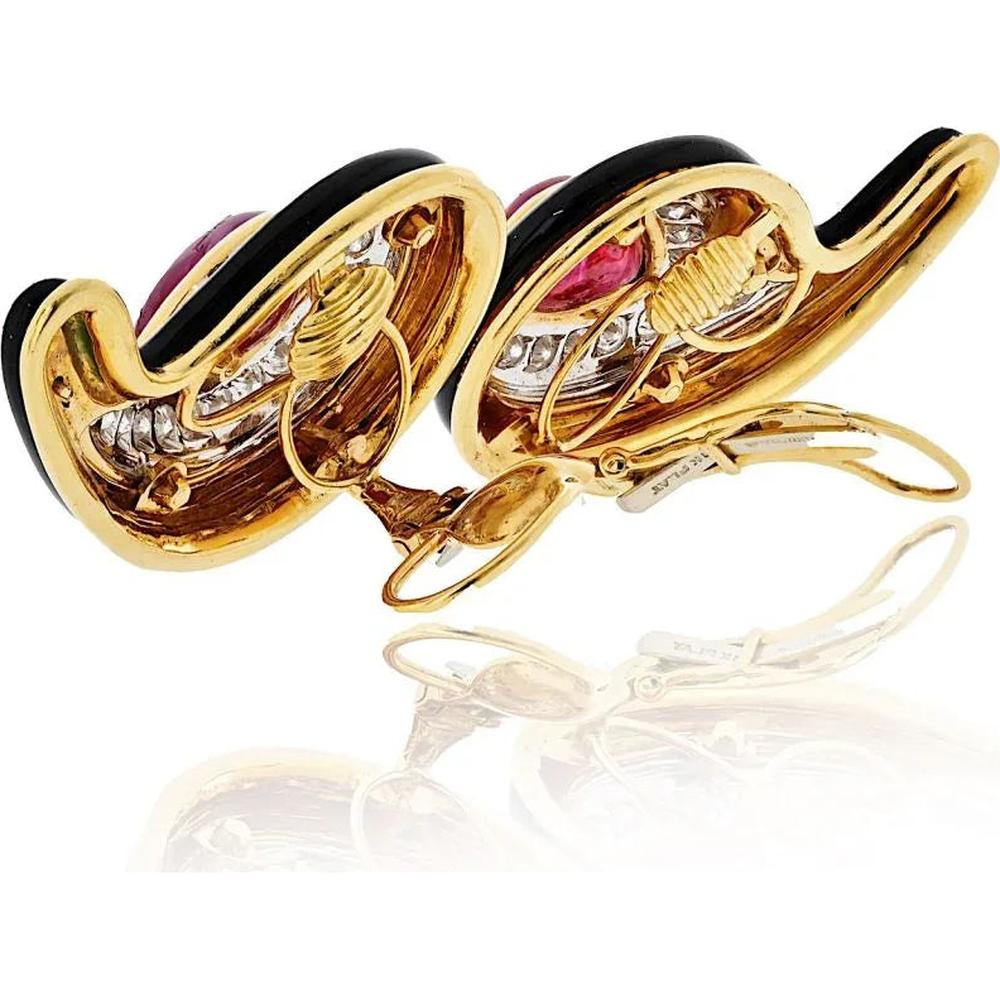 David Webb 18K Yellow Gold Paisley Clip-On Earrings with Pear Cabochon Rubies and Round Diamonds - Approx. 6.00 Carats Diamond Total Weight