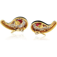 David Webb 18K Yellow Gold Paisley Clip-On Earrings with Pear Cabochon Rubies and Round Diamonds - Approx. 6.00 Carats Diamond Total Weight