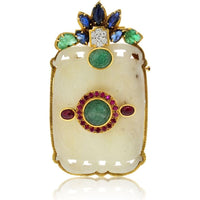 David Webb 18K Yellow Gold Pendant-Brooch with Carved Jade, Emeralds, Rubies, Sapphires, and Diamond Accents