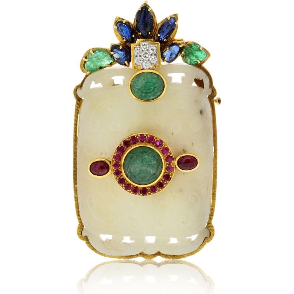 David Webb 18K Yellow Gold Pendant-Brooch with Carved Jade, Emeralds, Rubies, Sapphires, and Diamond Accents