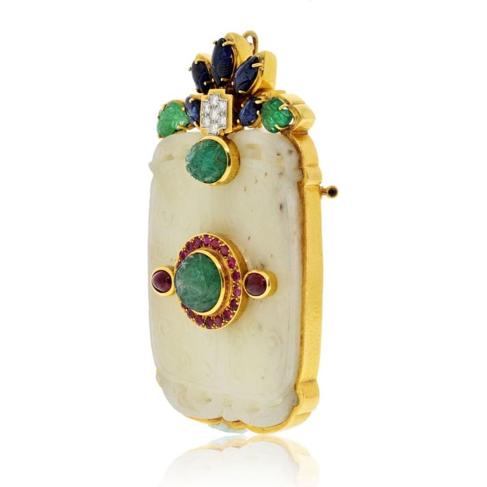 David Webb 18K Yellow Gold Pendant-Brooch with Carved Jade, Emeralds, Rubies, Sapphires, and Diamond Accents