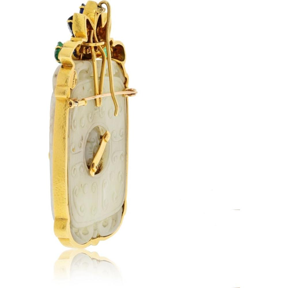 David Webb 18K Yellow Gold Pendant-Brooch with Carved Jade, Emeralds, Rubies, Sapphires, and Diamond Accents