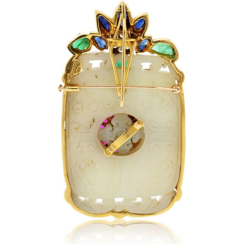 David Webb 18K Yellow Gold Pendant-Brooch with Carved Jade, Emeralds, Rubies, Sapphires, and Diamond Accents