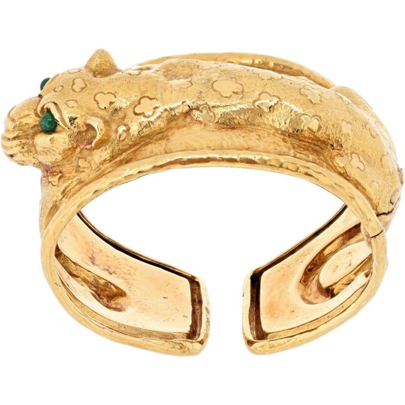 David Webb 18K Yellow Gold Repoussé Leopard Bracelet with Green Emerald Eyes