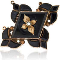 David Webb 18K Yellow Gold Victorian Webb Brooch with Black Onyx Panels and Central Seed Pearl Accent - 7.4 Grams
