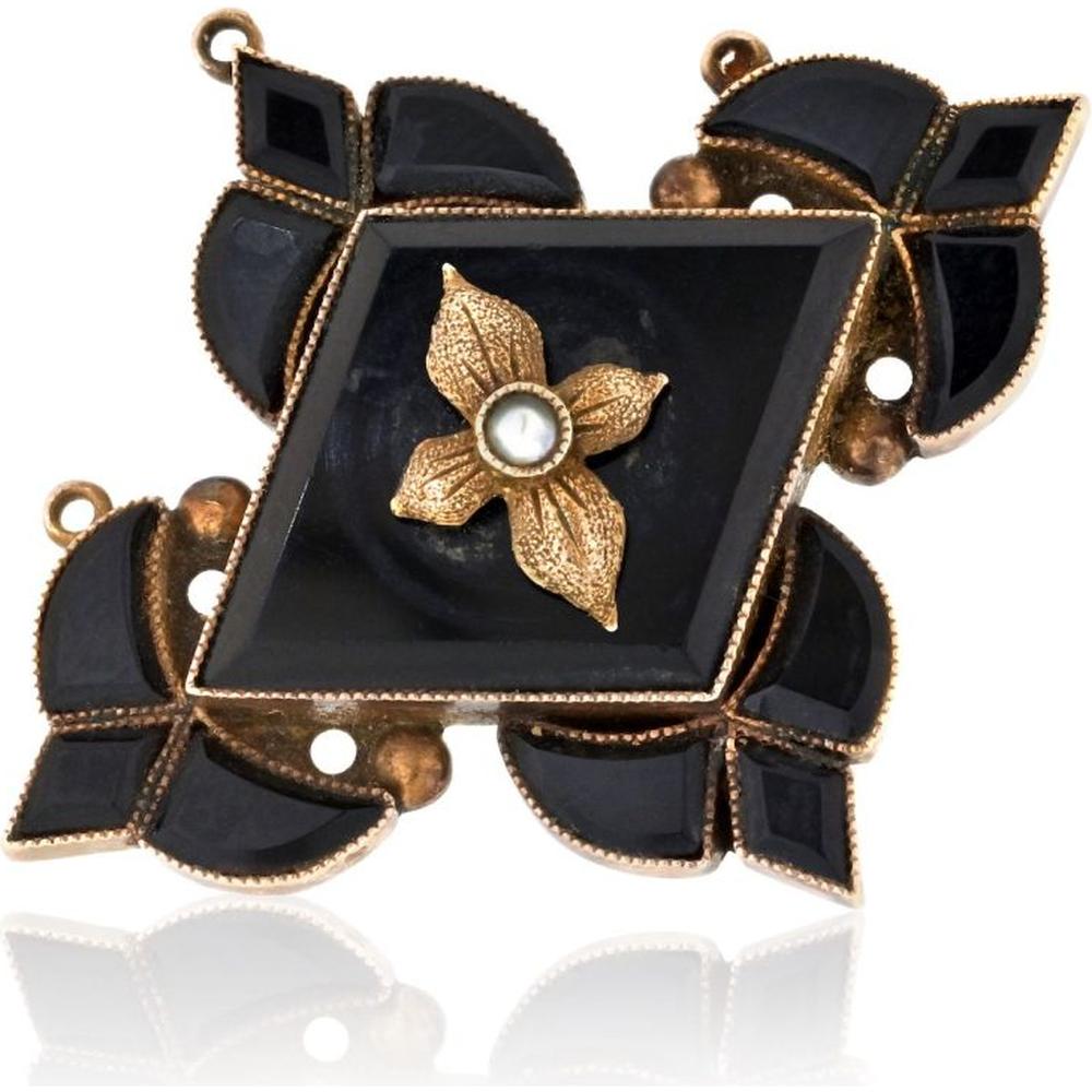 David Webb 18K Yellow Gold Victorian Webb Brooch with Black Onyx Panels and Central Seed Pearl Accent - 7.4 Grams
