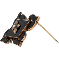 David Webb 18K Yellow Gold Victorian Webb Brooch with Black Onyx Panels and Central Seed Pearl Accent - 7.4 Grams
