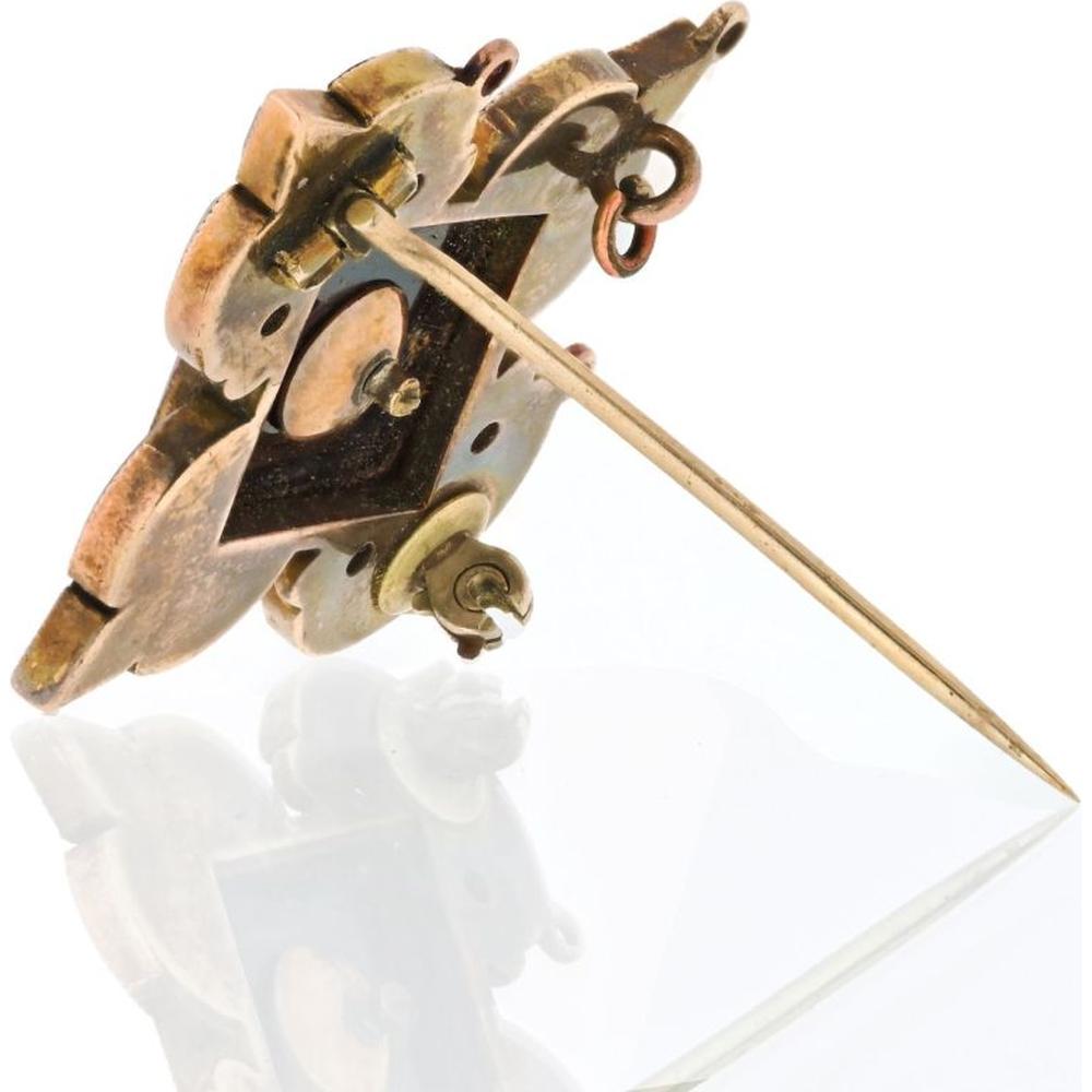 David Webb 18K Yellow Gold Victorian Webb Brooch with Black Onyx Panels and Central Seed Pearl Accent - 7.4 Grams