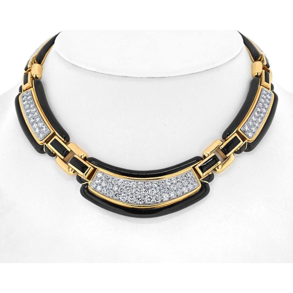 David Webb Black Enamel Diamond Collar Necklace in Platinum & 18K Yellow Gold