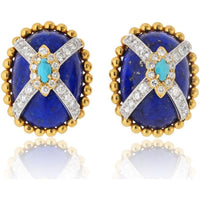 David Webb Platinum & 18K Yellow Gold 1 Inch Clip-On Earrings with Oval Cabochon Lapis Lazuli, Marquise Turquoise, and Round Diamond Halo