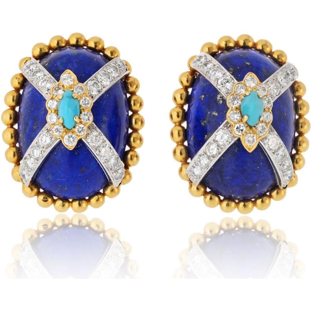 David Webb Platinum & 18K Yellow Gold 1 Inch Clip-On Earrings with Oval Cabochon Lapis Lazuli, Marquise Turquoise, and Round Diamond Halo