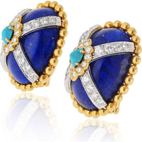 David Webb Platinum & 18K Yellow Gold 1 Inch Clip-On Earrings with Oval Cabochon Lapis Lazuli, Marquise Turquoise, and Round Diamond Halo