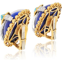 David Webb Platinum & 18K Yellow Gold 1 Inch Clip-On Earrings with Oval Cabochon Lapis Lazuli, Marquise Turquoise, and Round Diamond Halo