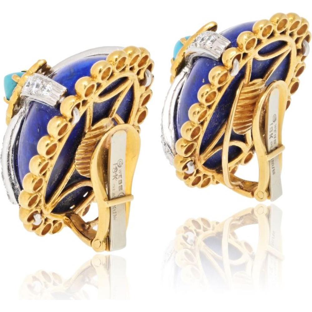 David Webb Platinum & 18K Yellow Gold 1 Inch Clip-On Earrings with Oval Cabochon Lapis Lazuli, Marquise Turquoise, and Round Diamond Halo