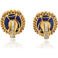 David Webb Platinum & 18K Yellow Gold 1 Inch Clip-On Earrings with Oval Cabochon Lapis Lazuli, Marquise Turquoise, and Round Diamond Halo