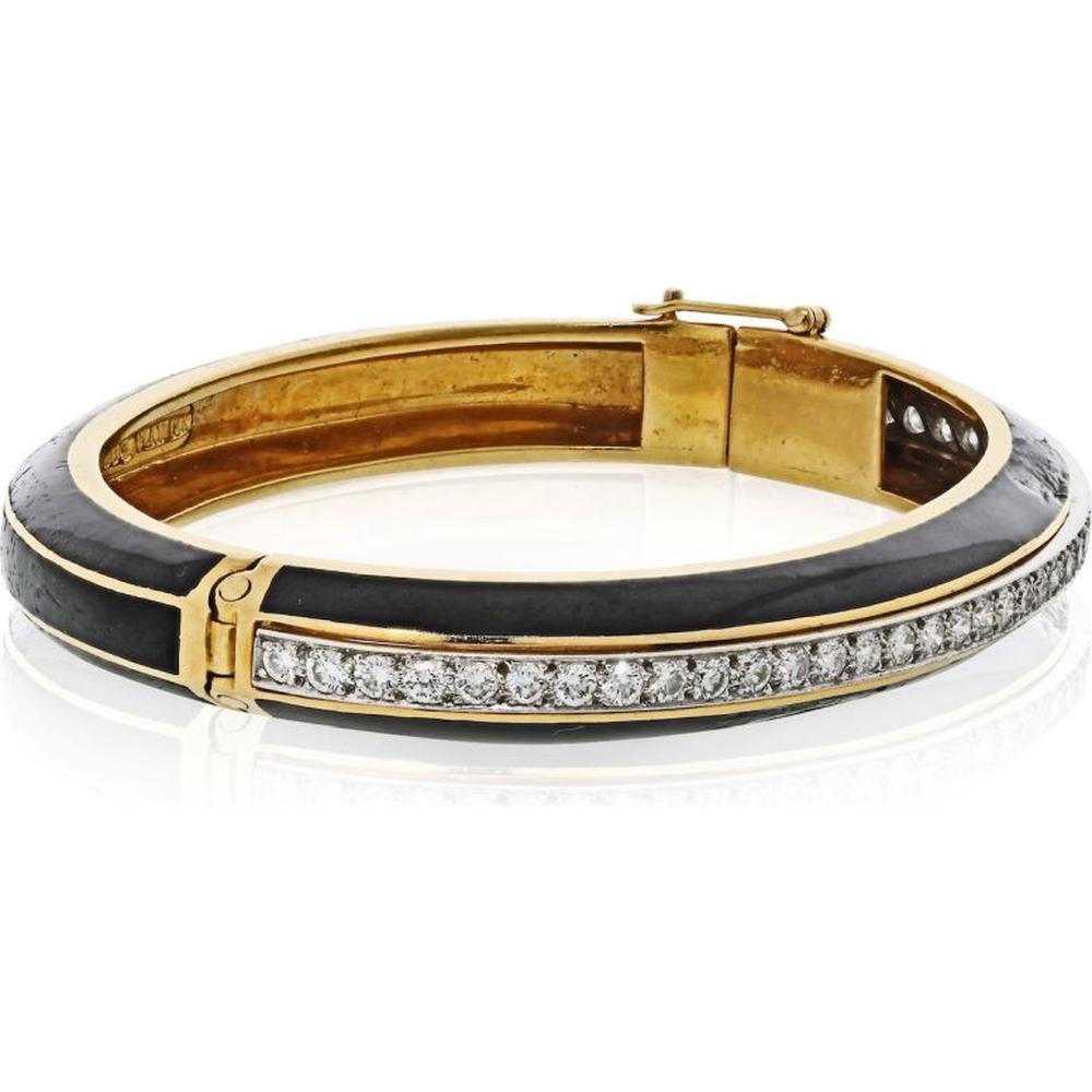 David Webb Platinum & 18K Yellow Gold Black Enamel and Diamond Bangle Bracelet - Vintage Design with Round-Cut Diamonds