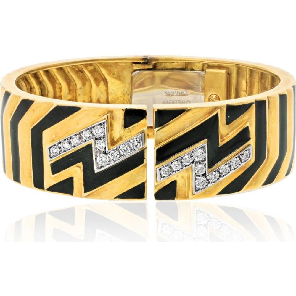 David Webb Platinum & 18K Yellow Gold Black Enamel Zig Zag Diamond Bangle Bracelet - 0.65 Carats Total Diamond Weight