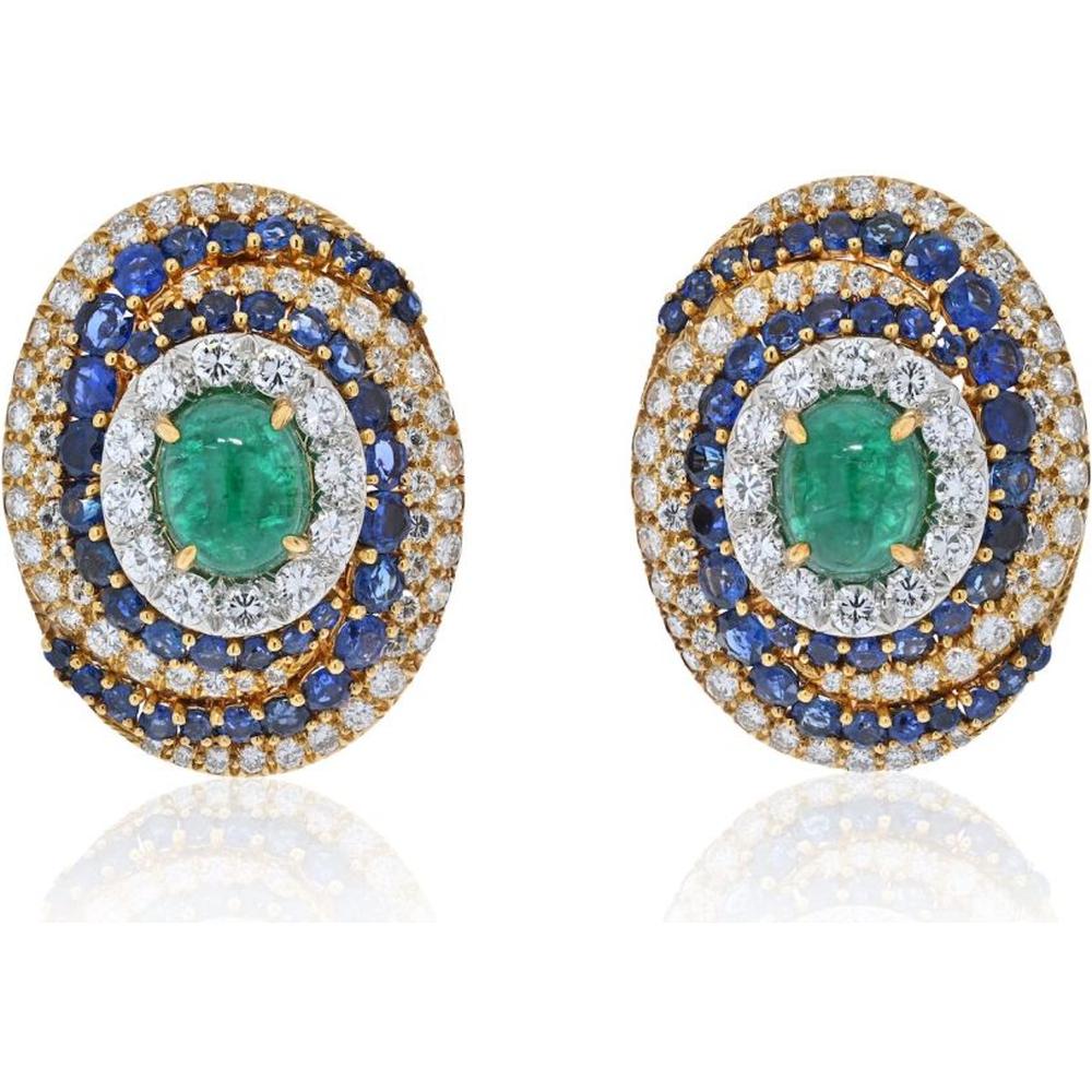 David Webb Platinum & 18K Yellow Gold Bombe Design Earrings with Emerald, Sapphire, and Diamond - 27.54 Carat Total Gem Weight